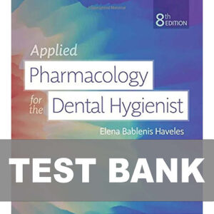 Cover image of "Applied Pharmacology for the Dental Hygienist 8th Edition TEST BANK", featuring key questions for dental hygienist pharmacology.