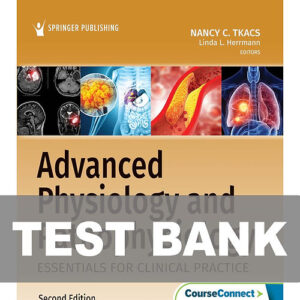 Cover image of "Advanced Physiology and Pathophysiology 2nd Edition TEST BANK (ISBN: 9780826167552)", featuring a test bank with exam questions for nursing and healthcare students.