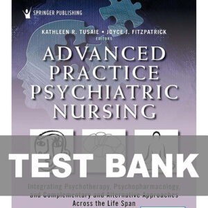 Cover image of "Advanced Practice Psychiatric Nursing 3rd Edition Test Bank", featuring a test bank with exam questions for psychiatric nursing students.