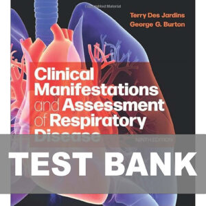 Cover image of "Clinical Manifestations and Assessment of Respiratory Disease 9th Edition Test" with essential practice questions for respiratory disease assessment.