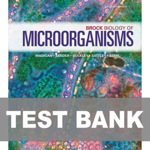 Cover image of "Brock Biology of Microorganisms 16th Edition Test Bank", featuring essential practice questions for mastering microbiology concepts.