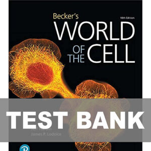 Cover image of "Becker's World of the Cell 10th Edition Test Bank", featuring key practice questions on cell biology and molecular biology concepts.