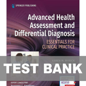 Cover image of "Advanced Health Assessment and Differential Diagnosis Essentials TEST BANK", featuring a test bank with exam questions for healthcare and nursing students.