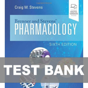 Cover image of "Brenner and Stevens Pharmacology 6th Edition Test Bank", featuring practice questions for mastering pharmacology concepts.