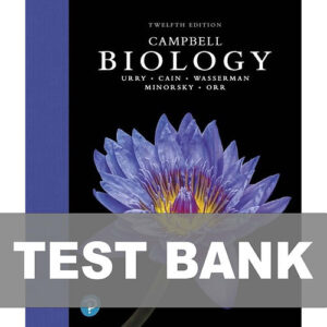 Cover image of "Campbell Biology 12th Edition Test Bank", featuring important practice questions to help students excel in biology.